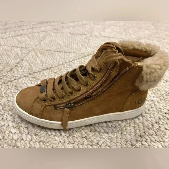 UGG Olive High-Top Leather Sherpa Sneakers Size 6 - Picture 2 of 6